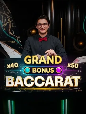Un croupier en nœud papillon rouge se tient derrière le tapis de Grand Bonus Baccarat, chez Iconic21