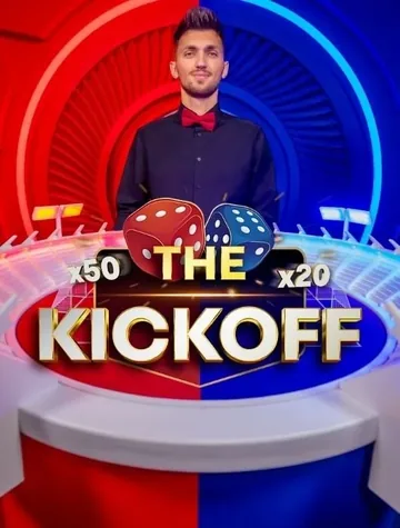 Un croupier en gilet attend derrière deux dés rouge et bleu dans The Kickoff, chez Iconic21