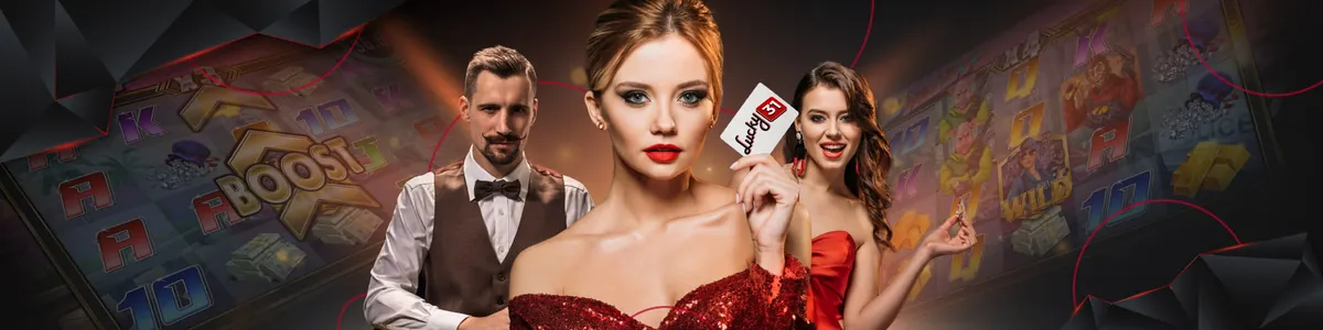 Un croupier et deux joueuses, dont l'une montre une carte Lucky31, illustrent le pack de bienvenue du casino en ligne