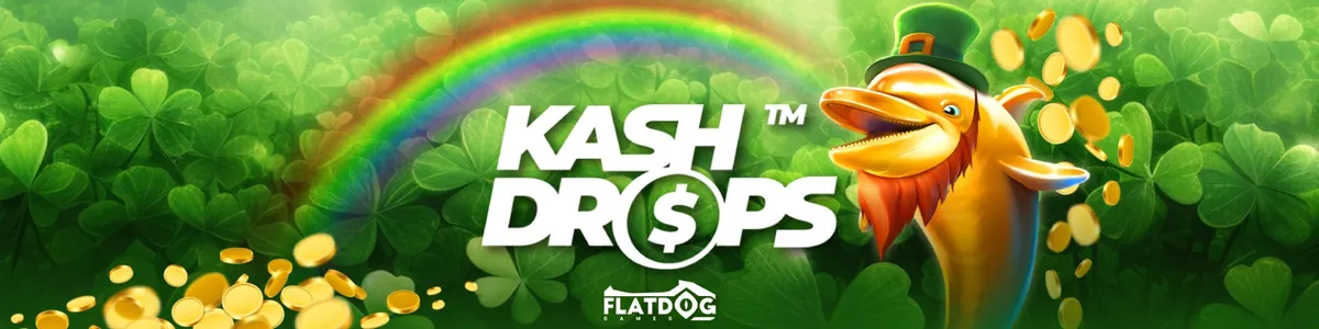 Un dauphin doré coiffé d'un chapeau de lutin est à côté du logo Kash Drops pour illustrer ce tournoi de casino de Flatdog Games