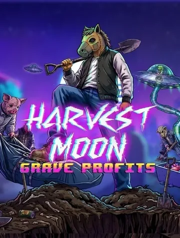Un homme à tête de cheval tient une pelle au milieu des tombes dans Harvest Moon Grave Profits, chez Pragmatic Play
