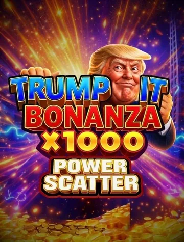 Donald Trump caricaturé lève le poing derrière le logo de Trump It Bonanza x1000, une machine à sous Fugaso